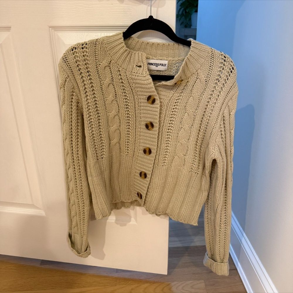 Princess Polly Donielle Cable Knit Cardigan Beige - Picture 3 of 6